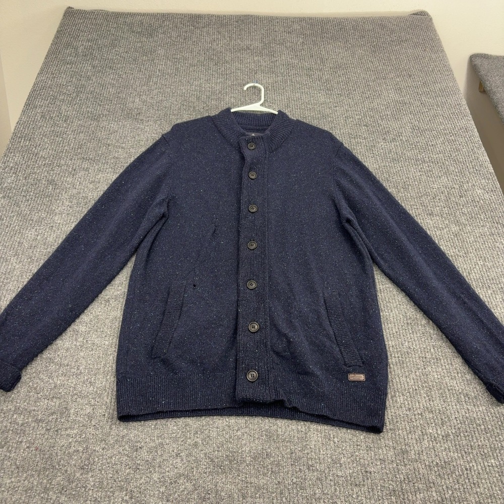 Barbour Cardigan Mens L Navy Wool Blend Speckled Button Up Mock Neck Classic